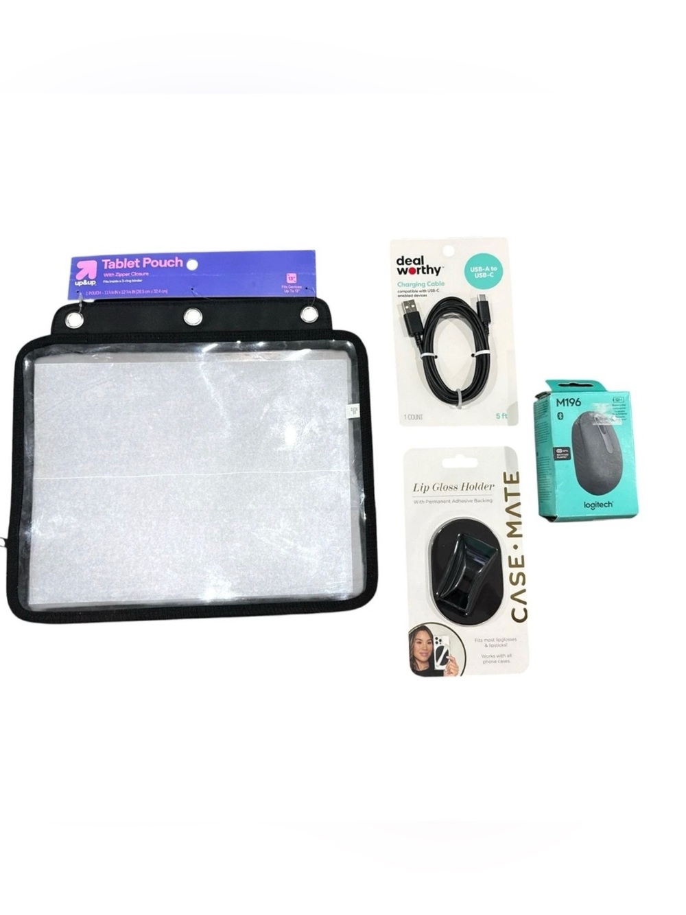 4pcs. Up & Up Tablet Pouch, Logitech M196 Mouse, Deal Worthy USB-C Cable, & Case